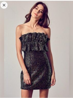 DO+BE Black Strapless Sequin Ruffle Mini Dress